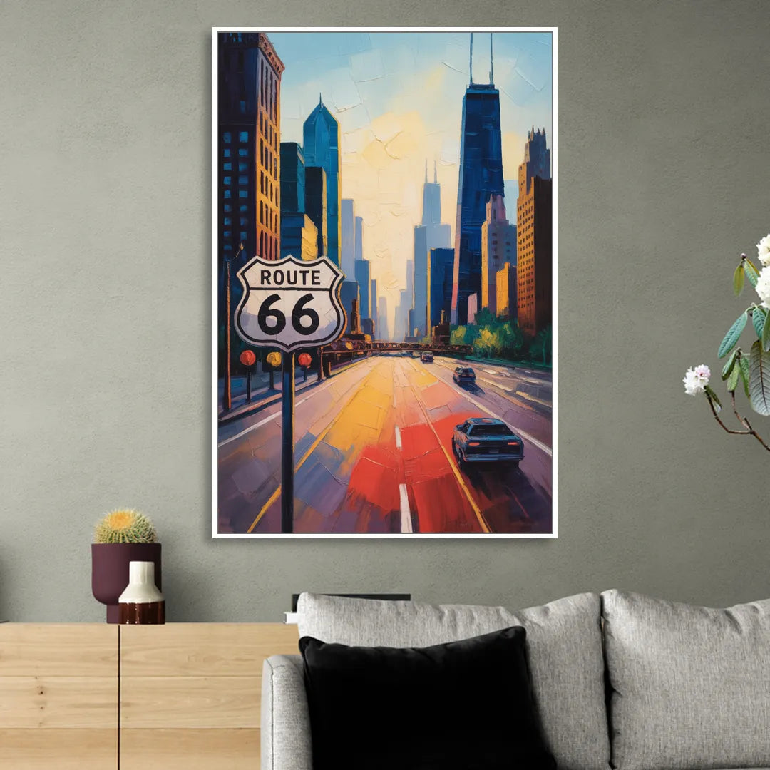 Chicago Route 66 Begins Here Living Room - White Canvas Wall Art