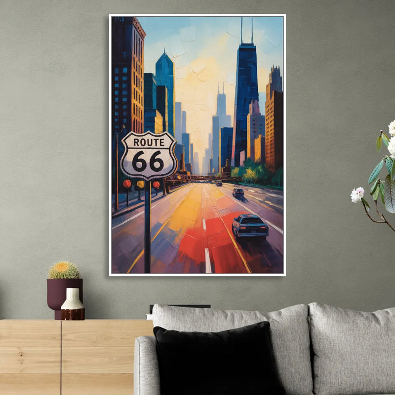 Chicago Route 66 Begins Here Living Room - White Canvas Wall Art