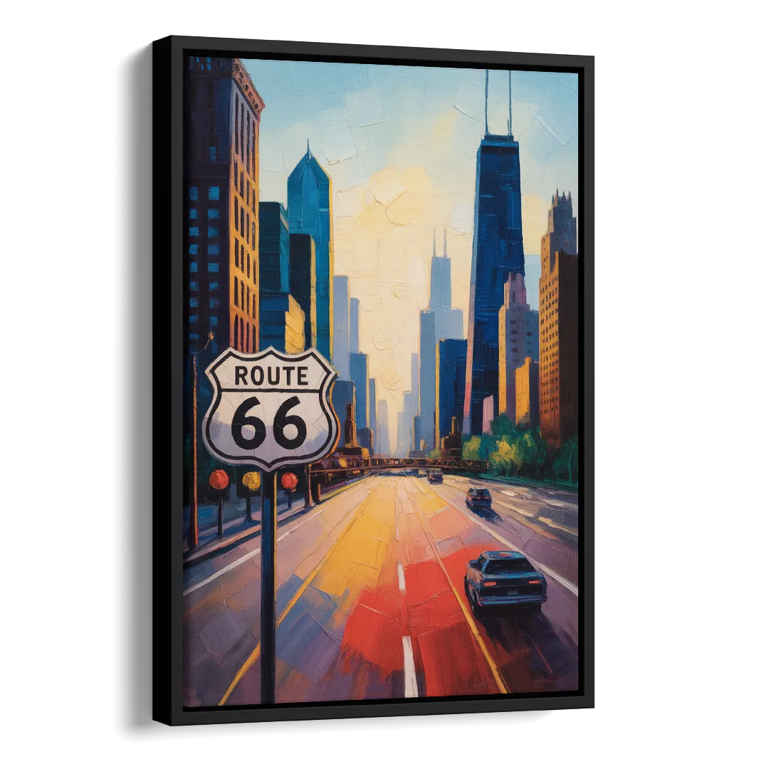 Chicago Route 66 Begins Here Side - Black Canvas Wall Art