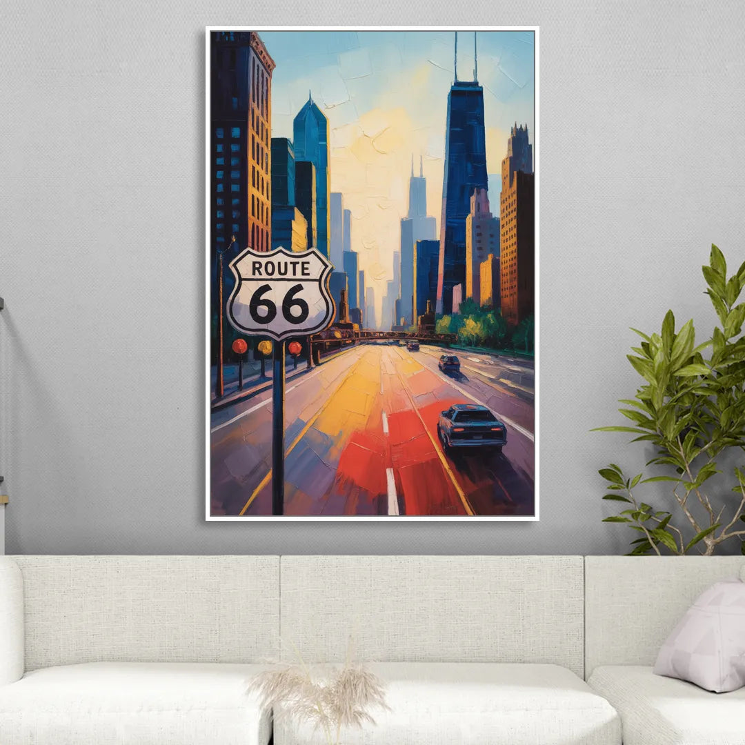 Chicago Route 66 Begins Here Sitting Room - White Canvas Wall Art