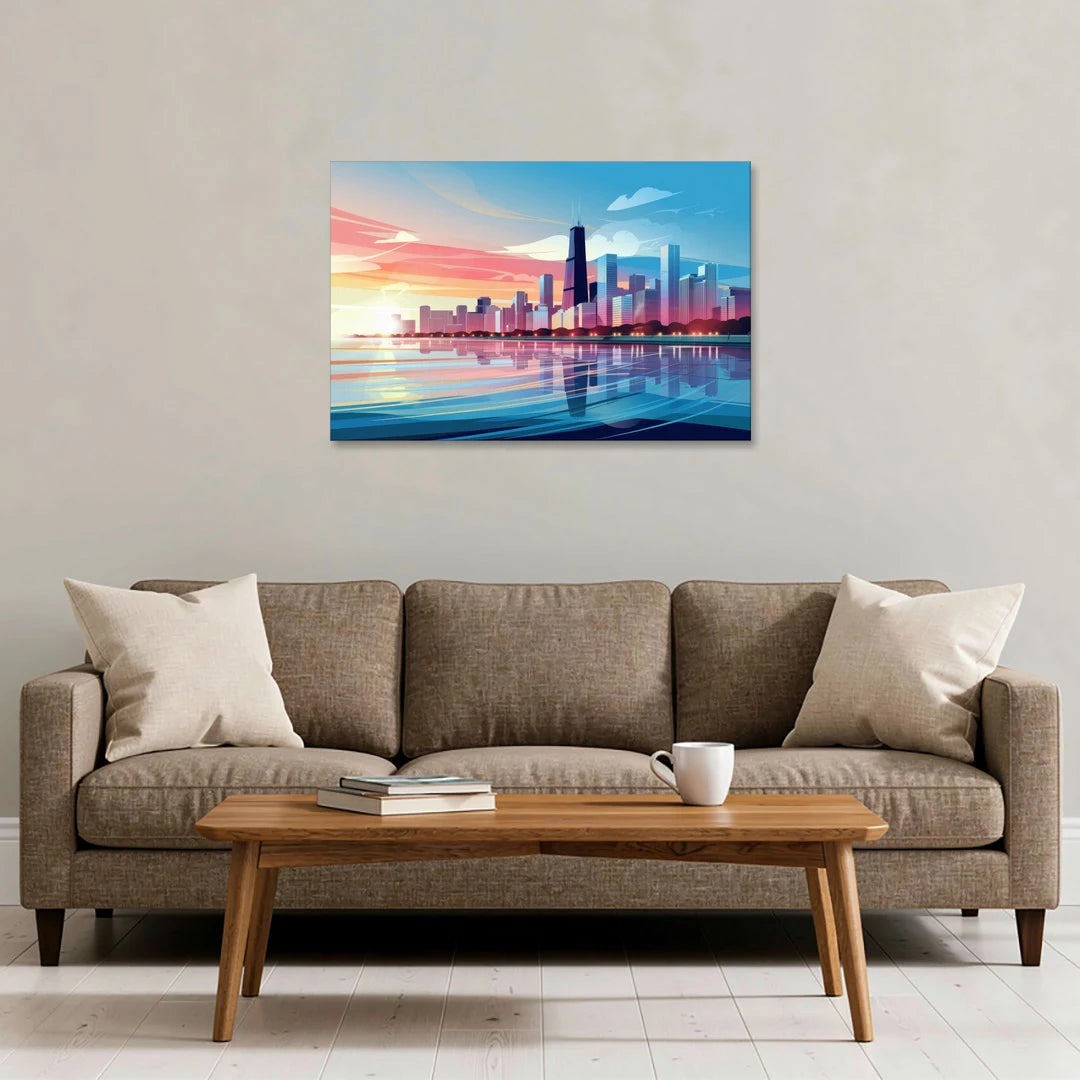 Chicago Skyline At Sunset - Canvas Wall Art - Sofa - 36x24
