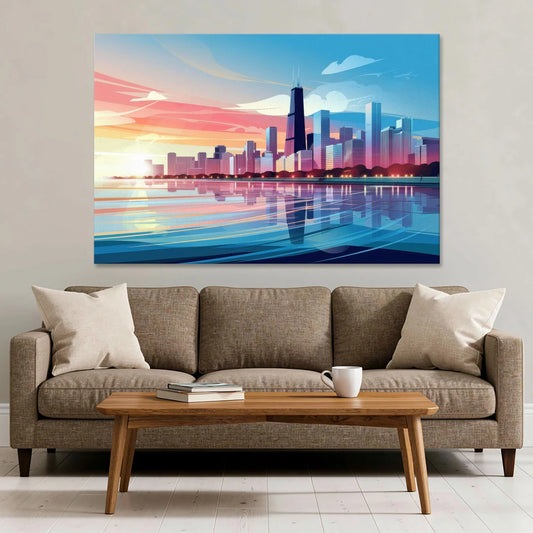 Chicago Skyline At Sunset - Canvas Wall Art - Sofa - 60x40