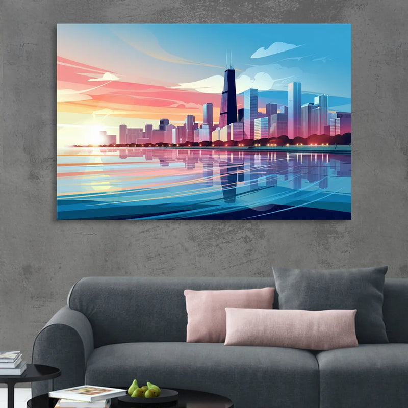 Chicago Skyline At Sunset Sitting Room - Canvas Wall Art