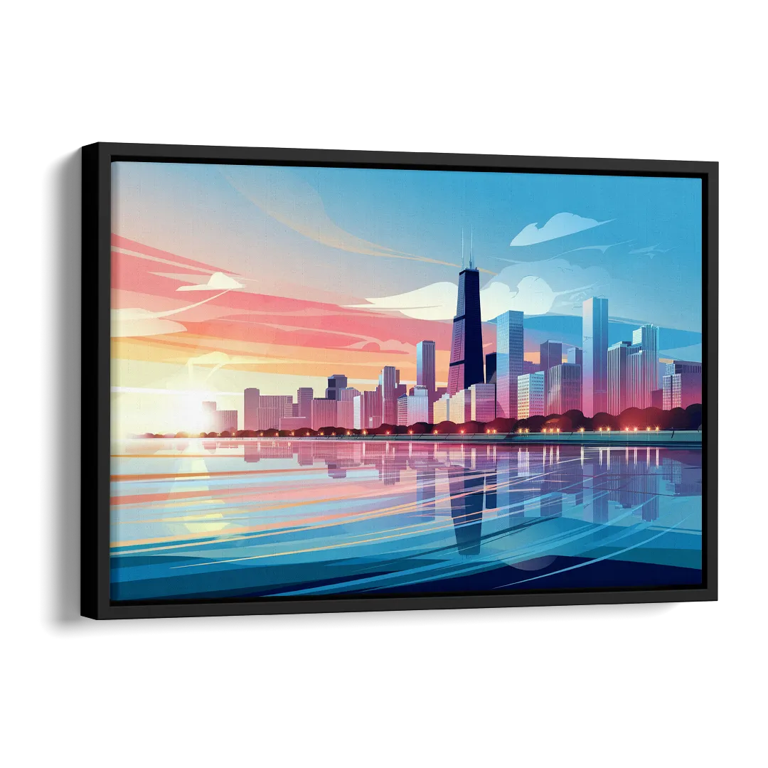 Chicago Skyline At Sunset Side - Black Canvas Wall Art
