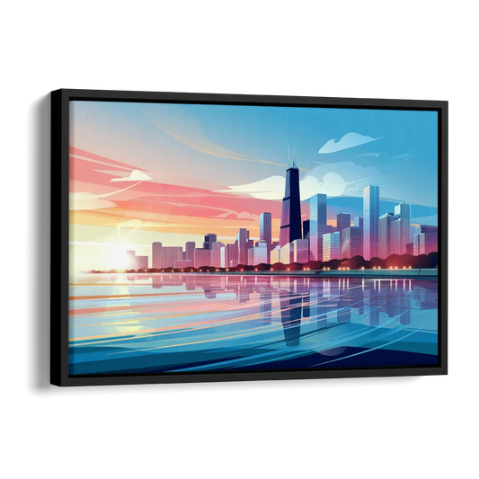 Chicago Skyline At Sunset Side - Black Canvas Wall Art