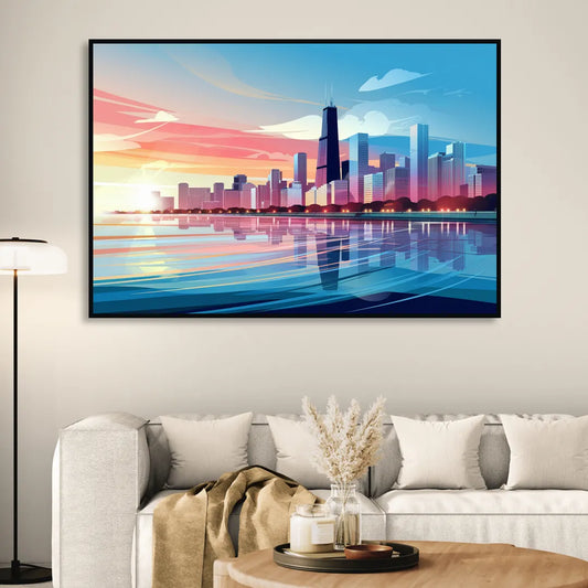 Chicago Skyline At Sunset Living Room - Black Canvas Wall Art