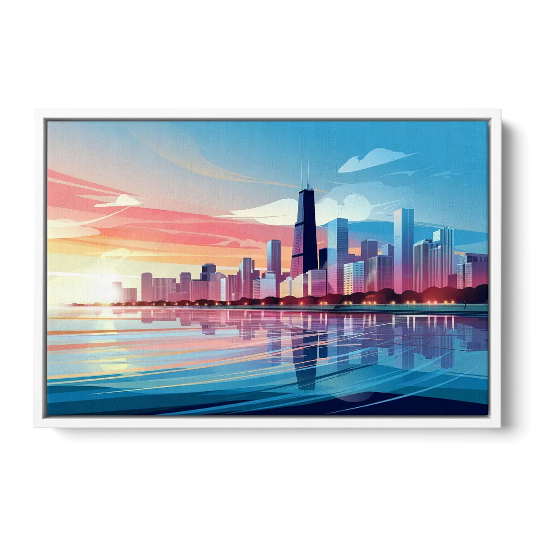 Chicago Skyline At Sunset Front - White Canvas Wall Art