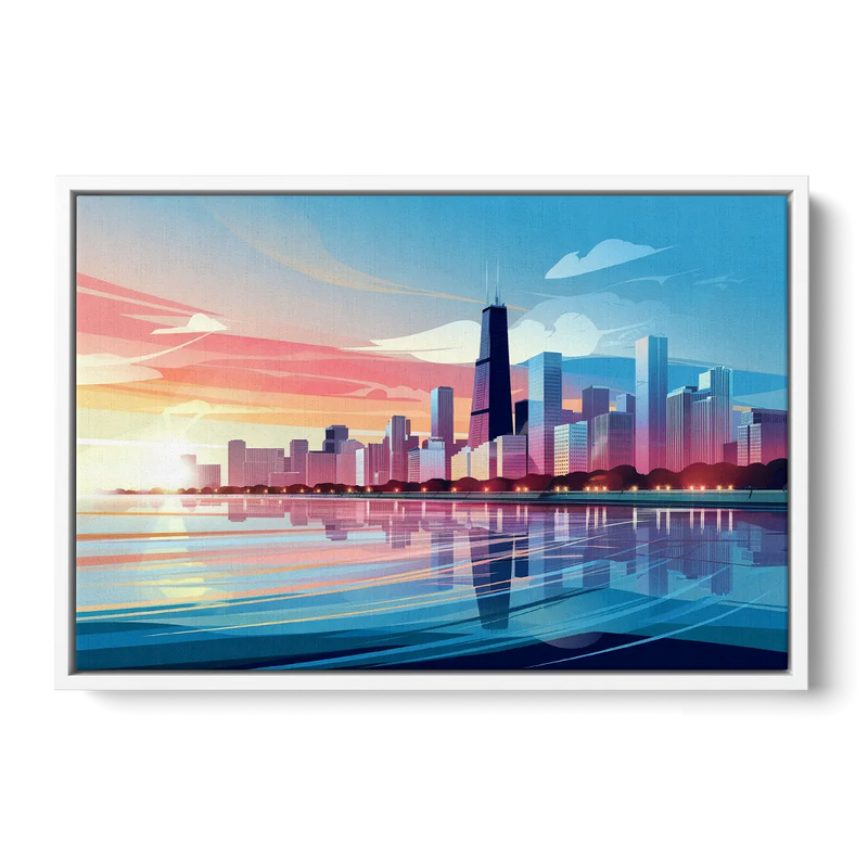 Chicago Skyline At Sunset Front - White Canvas Wall Art