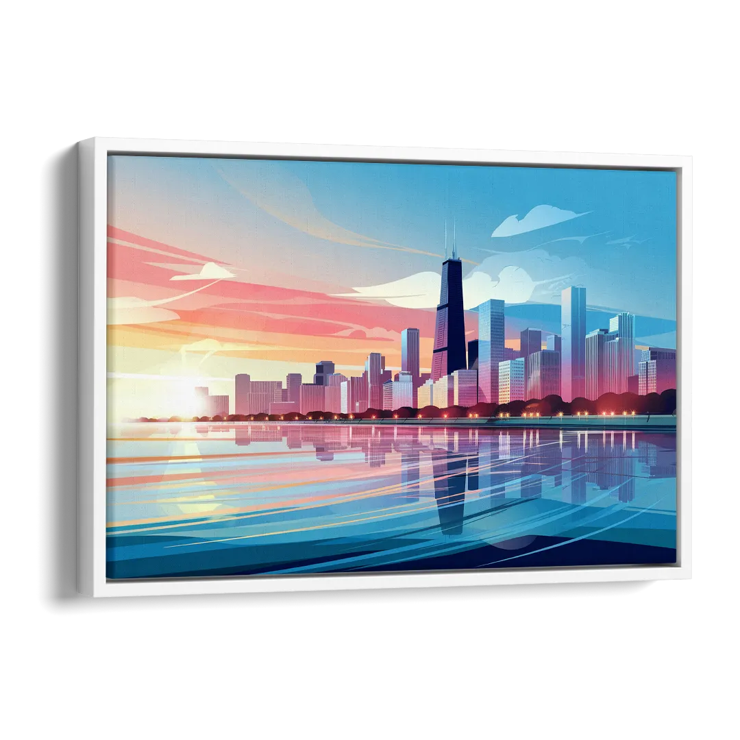 Chicago Skyline At Sunset Side - White Canvas Wall Art