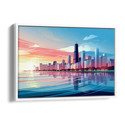 Chicago Skyline At Sunset Side - White Canvas Wall Art