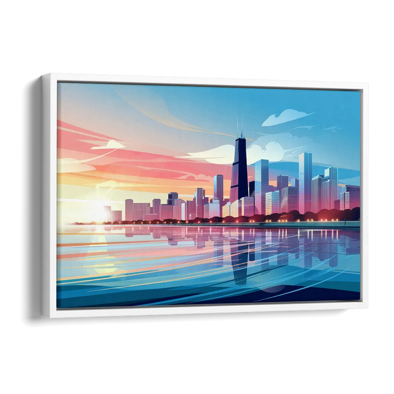 Chicago Skyline At Sunset Side - White Canvas Wall Art