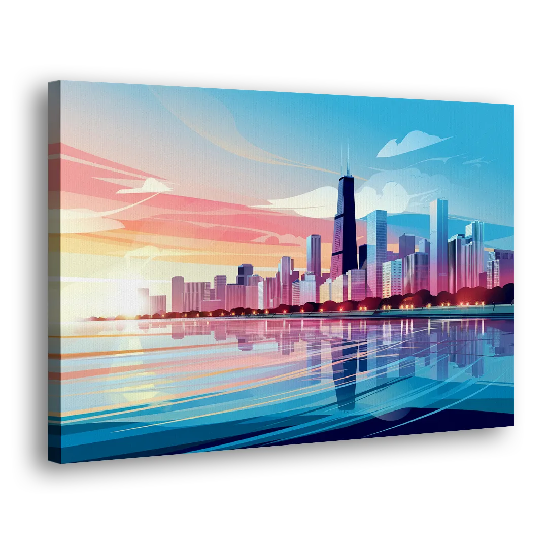 Chicago Skyline At Sunset Side - Canvas Wall Art