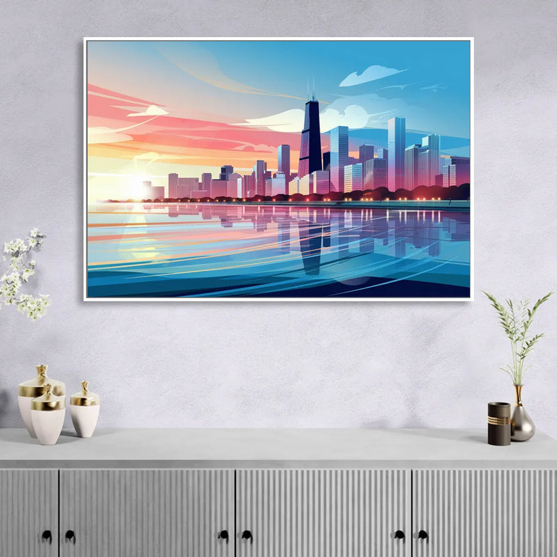 Chicago Skyline At Sunset Living Room - White Canvas Wall Art