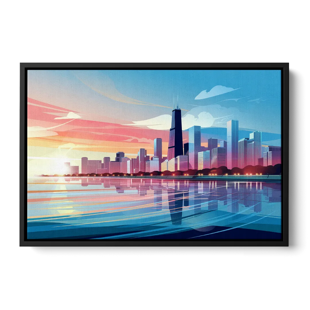 Chicago Skyline At Sunset Front - Black Canvas Wall Art