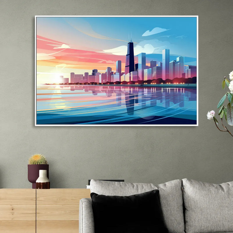 Chicago Skyline At Sunset Sitting Room - White Canvas Wall Art