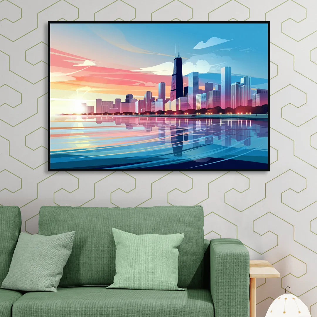 Chicago Skyline At Sunset Sitting Room - Black Canvas Wall Art