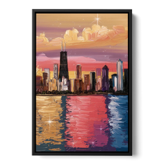 Chicago Skyline Reflections - Black Framed Canvas Wall Art - Front