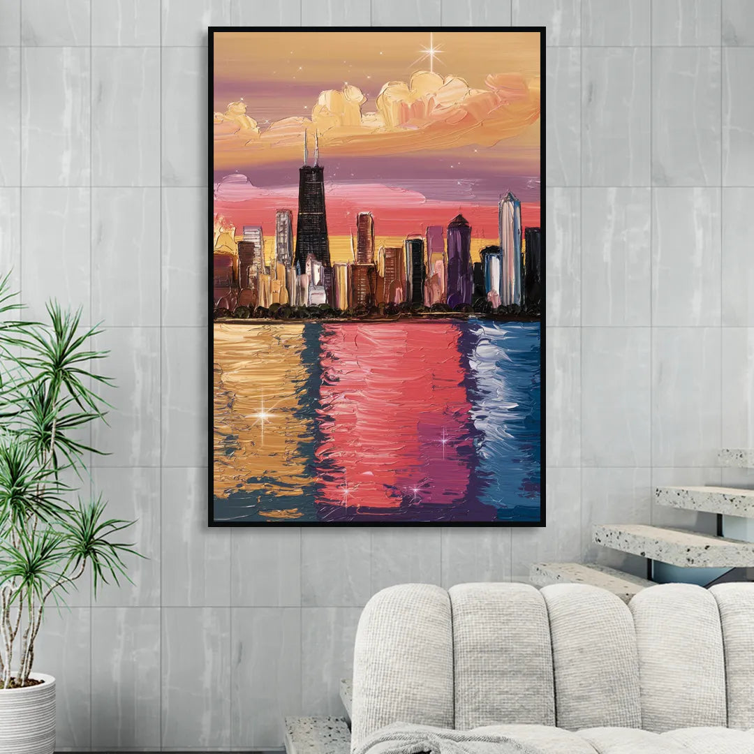 Chicago Skyline Reflections Living Room - Black Canvas Wall Art