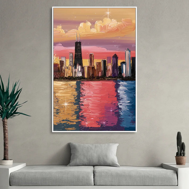 Chicago Skyline Reflections Sitting Room - White Canvas Wall Art