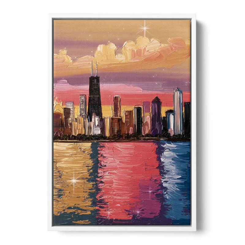 Chicago Skyline Reflections Front - White Canvas Wall Art