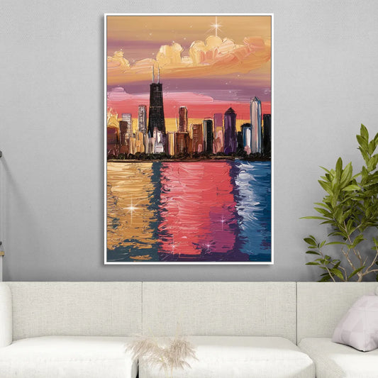 Chicago Skyline Reflections Living Room - White Canvas Wall Art
