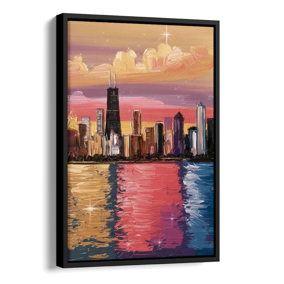 Chicago Skyline Reflections Side - Black Canvas Wall Art