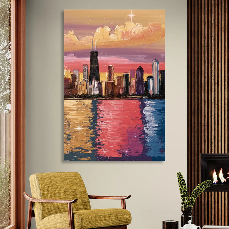 Chicago Skyline Reflections Living Room - Canvas Wall Art
