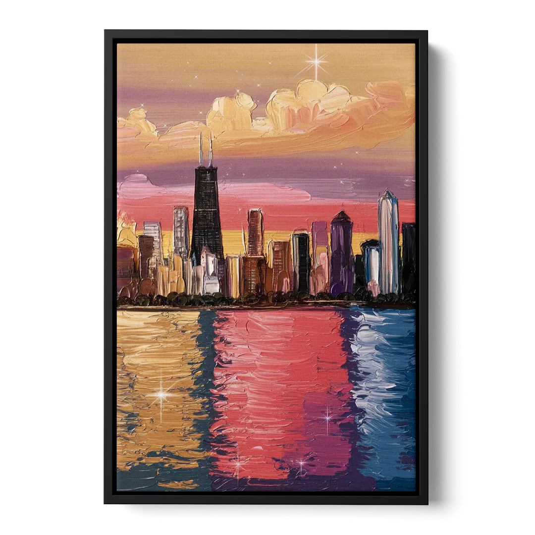 Chicago Skyline Reflections Front - Black Canvas Wall Art