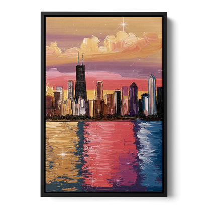 Chicago Skyline Reflections Front - Black Canvas Wall Art