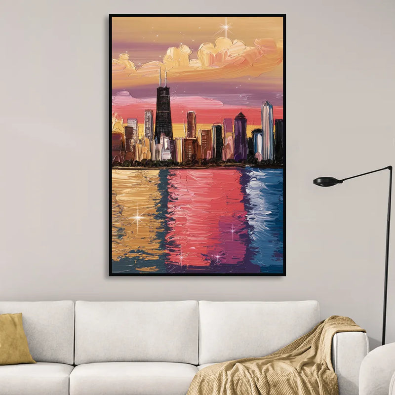 Chicago Skyline Reflections Sitting Room - Black Canvas Wall Art