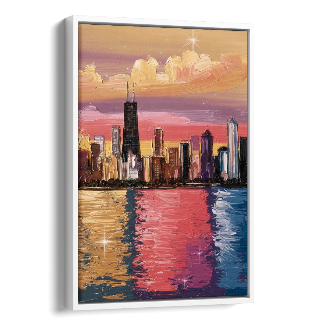 Chicago Skyline Reflections Side - White Canvas Wall Art