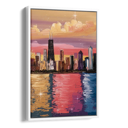 Chicago Skyline Reflections Side - White Canvas Wall Art