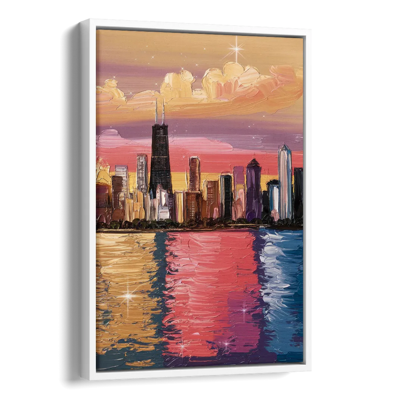 Chicago Skyline Reflections Side - White Canvas Wall Art