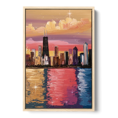 Chicago Skyline Reflections - Oak Framed Canvas Wall Art - Front