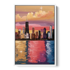 Chicago Skyline Reflections - White Framed Canvas Wall Art - Front