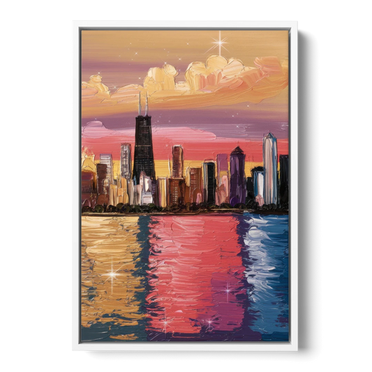 Chicago Skyline Reflections - White Framed Canvas Wall Art - Front