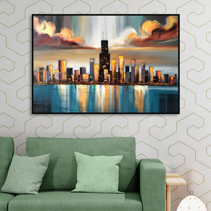 Chicago Skyline With Willis Tower Living Room - Black Canvas Wall Art