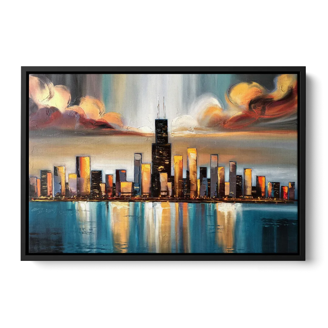 Chicago Skyline With Willis Tower Front - Black Canvas Wall Art