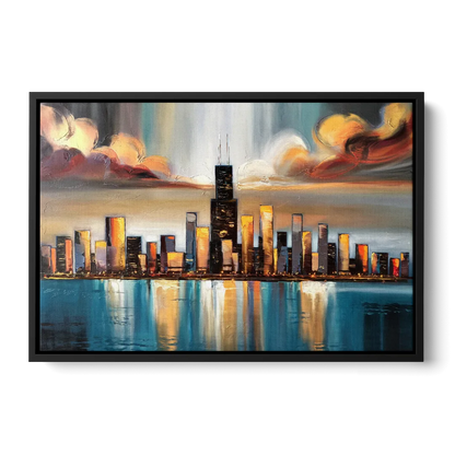 Chicago Skyline With Willis Tower Front - Black Canvas Wall Art