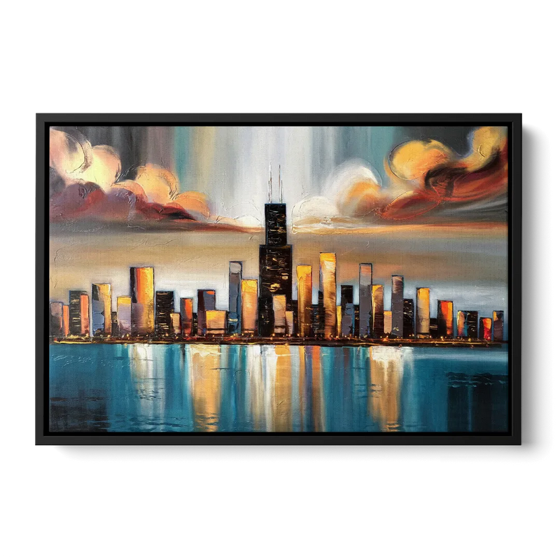 Chicago Skyline With Willis Tower Front - Black Canvas Wall Art