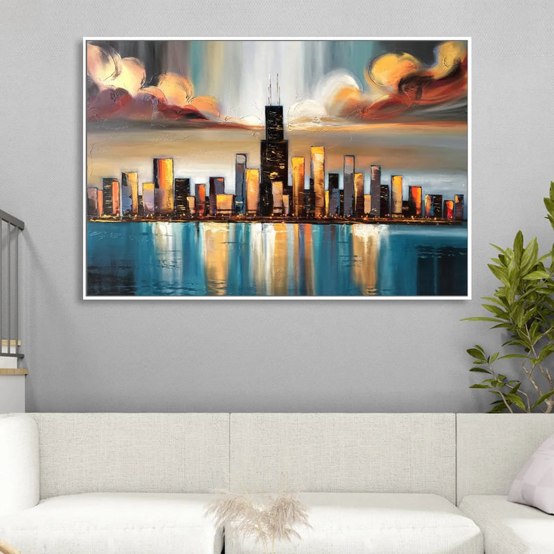 Chicago Skyline With Willis Tower Sitting Room - White Canvas Wall Art