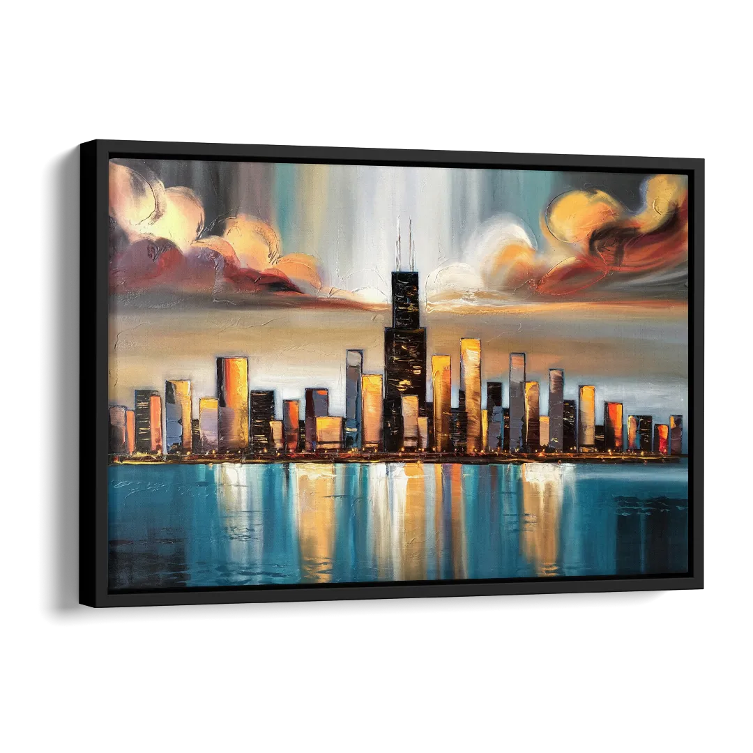 Chicago Skyline With Willis Tower Side - Black Canvas Wall Art