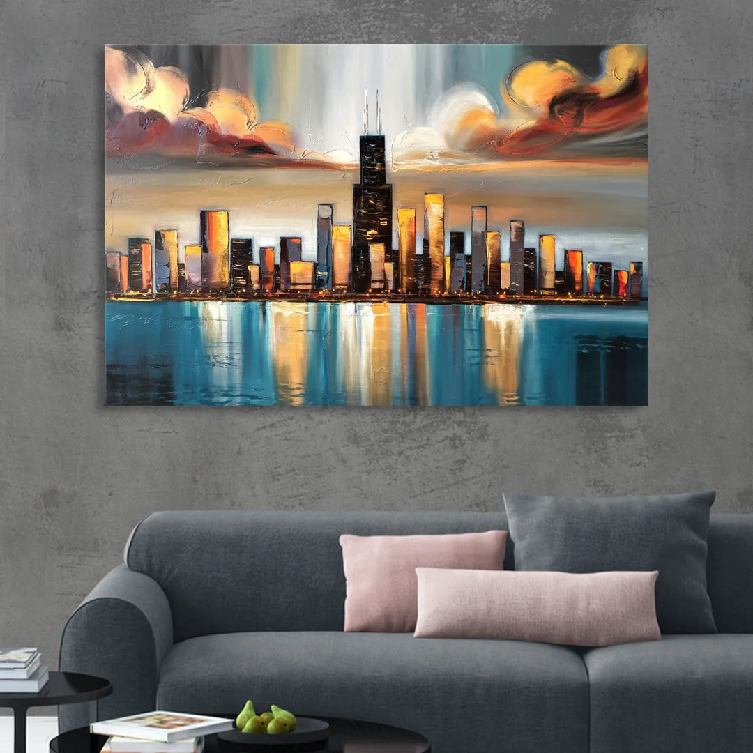 Chicago Skyline With Willis Tower Living Room - Canvas Wall Art