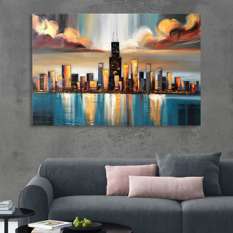 Chicago Skyline With Willis Tower Living Room - Canvas Wall Art