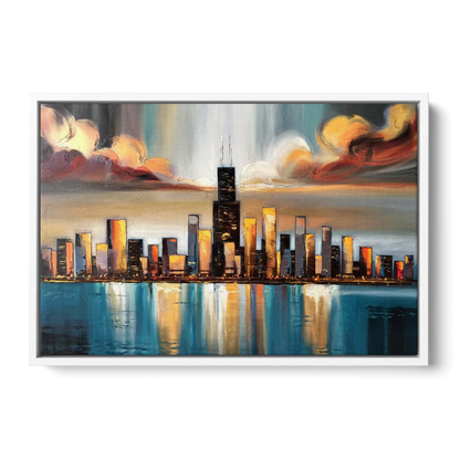 Chicago Skyline With Willis Tower Front - White Canvas Wall Art