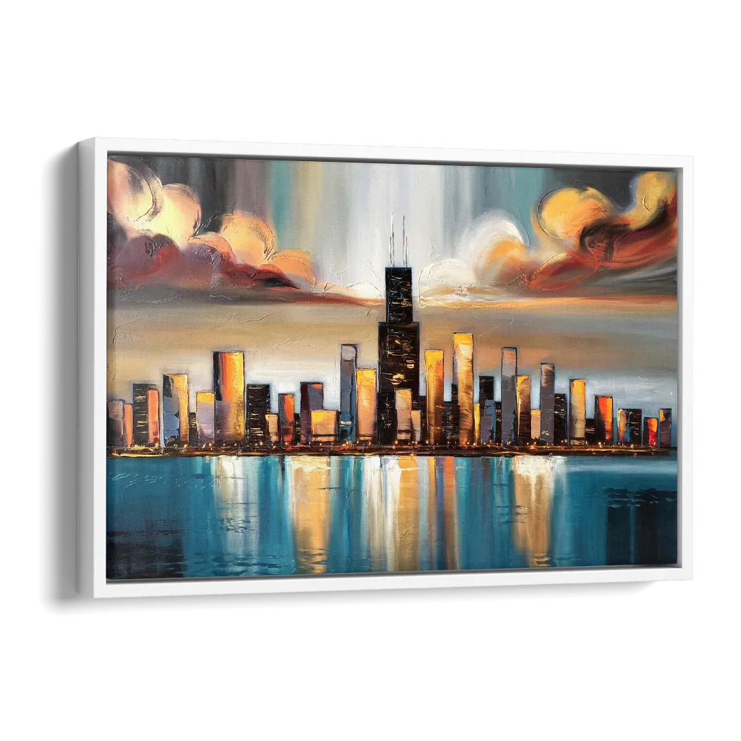 Chicago Skyline With Willis Tower Side - White Canvas Wall Art