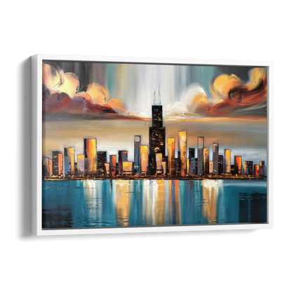 Chicago Skyline With Willis Tower Side - White Canvas Wall Art