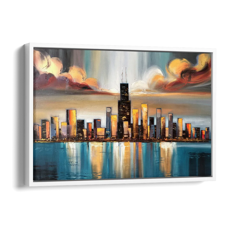 Chicago Skyline With Willis Tower Side - White Canvas Wall Art