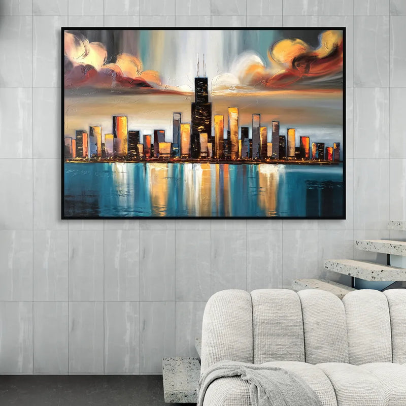 Chicago Skyline With Willis Tower Sitting Room - Black Canvas Wall Art