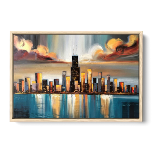Chicago Skyline With Willis Tower - Oak Framed Canvas Wall Art - Front